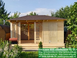 3x5shozblk24-01_300x225 image Беседка 'Минишатер с хозблоком 3х5'. Из бруса 140х140 мм. Хозблок справа. 2 входа в беседку. 1 деревянная дверь в хозблок