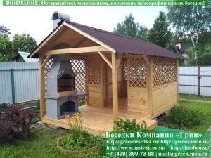 3x5snavesom8.800_300x225 image Беседка 'Домик с навесом 3х5'. Вход по центру. Перголы перед входом. Правая 3 метра глухая. Пергола по 2-х метровой стороне навеса. Установлена печь-барбекю